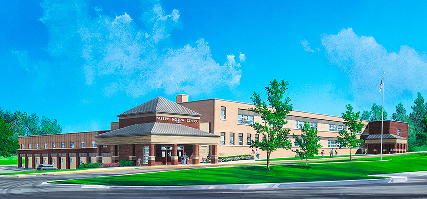 Photograph of a painting by the architect who planned the 2008 renovation of Sleepy Hollow Elementary School. The painting shows the front of the building as it appears from Sleepy Hollow Road.
