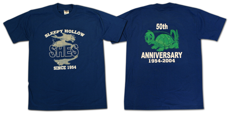 Photograph of the front and back of the 50th anniversary t-shirt. The dolphin mascot is on the front and the turtle mascot is on the back.