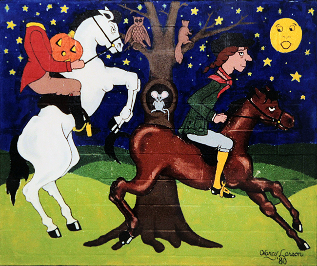 Photograph of a mural. The painting depicts a scene from the short story, The Legend of Sleepy Hollow by Washington Irving, in which character Ichabod Crane is being chased by the Headless Horseman.